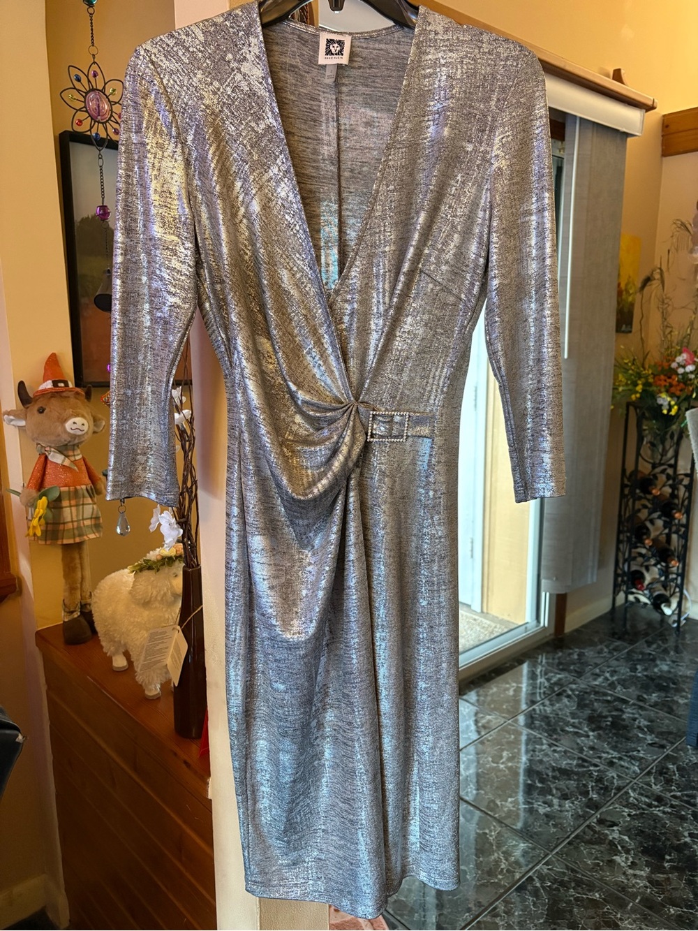 Anne Klein NWOT Silver Metallic Draped V-Neck Dress/ Rhinestones metal Buckle .